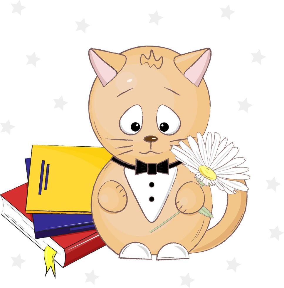 cute ginger cat with flower and books vector