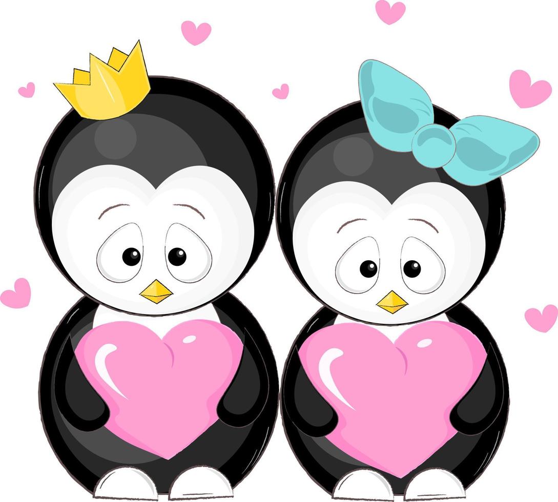 two cute penguins with hearts vector