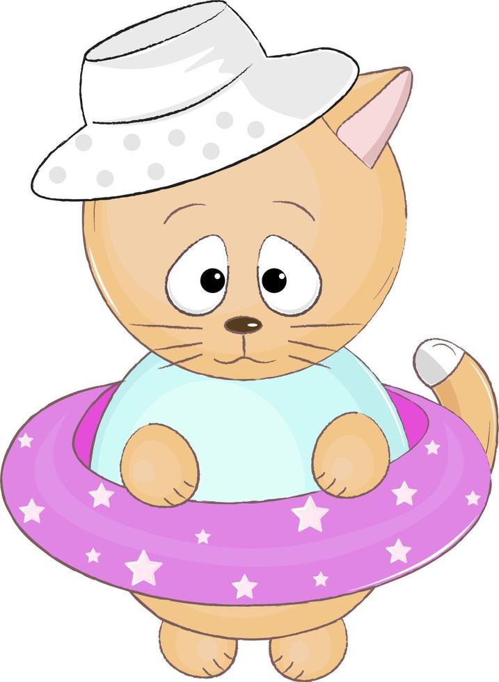 cute ginger cat in a panama hat and with a swim ring vector