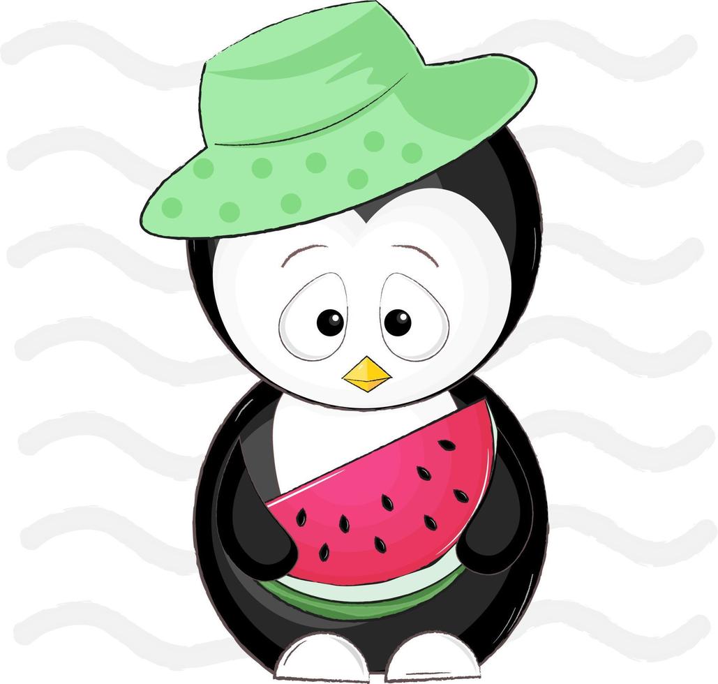 cute penguin in panama with watermelon vector