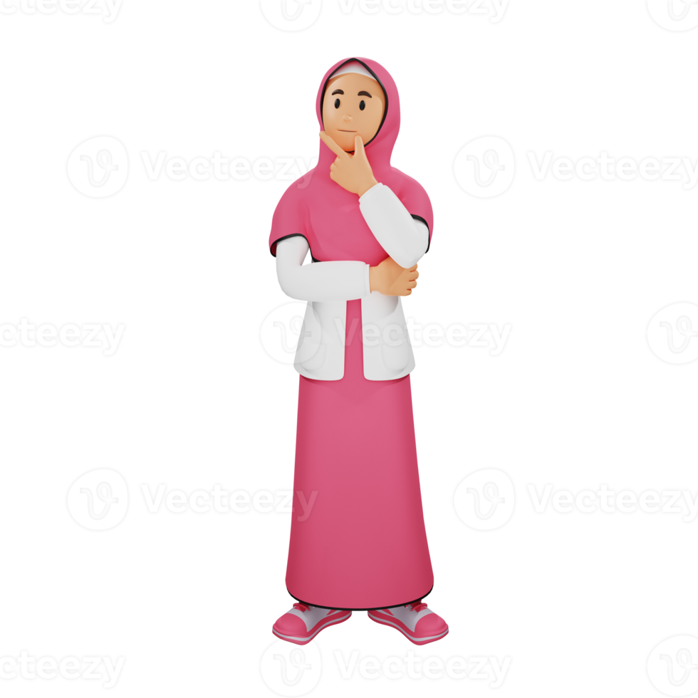 Young muslim girl thinking 3d character illustration png