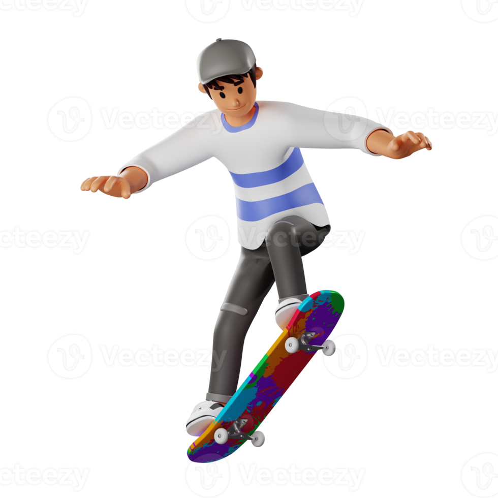 kleiner junge mit hut fährt 3d-charakterillustration skateboard png