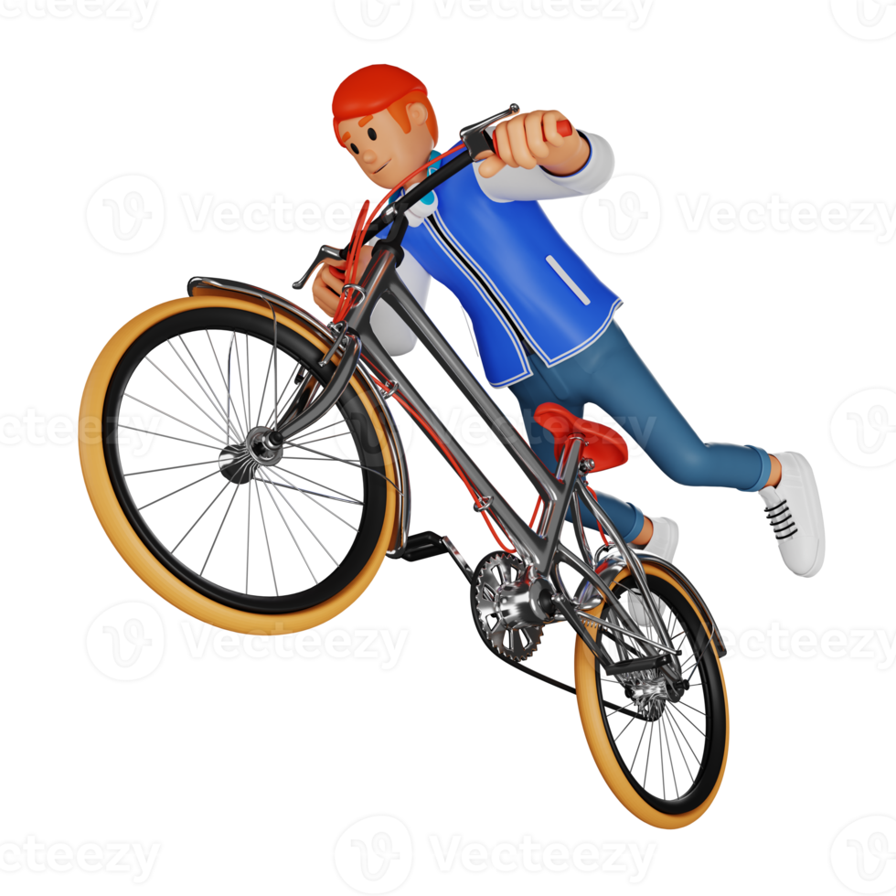 giovane uomo rosso dai capelli equitazione un' bicicletta mentre freestyle 3d personaggio illustrazione png