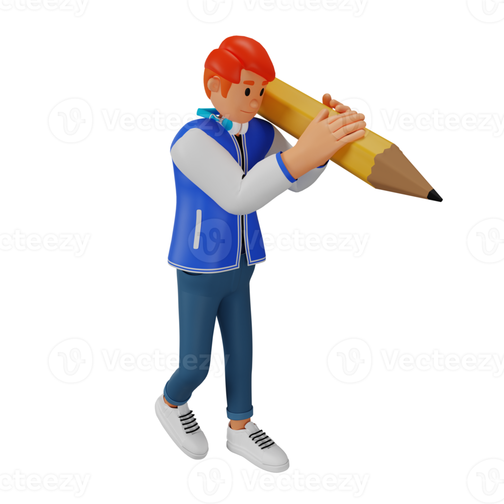 Young man red haired carrying a giant pencil 3d character illustration png