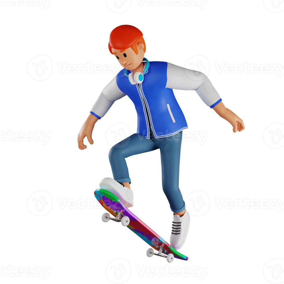 joven pelirrojo skateboarding 3d personaje ilustración png