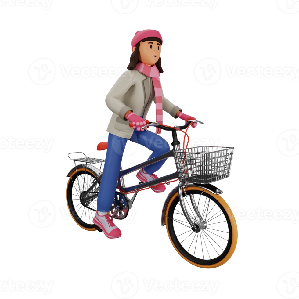 jovem mulher andando de bicicleta ilustração de personagem de desenho animado 3d png