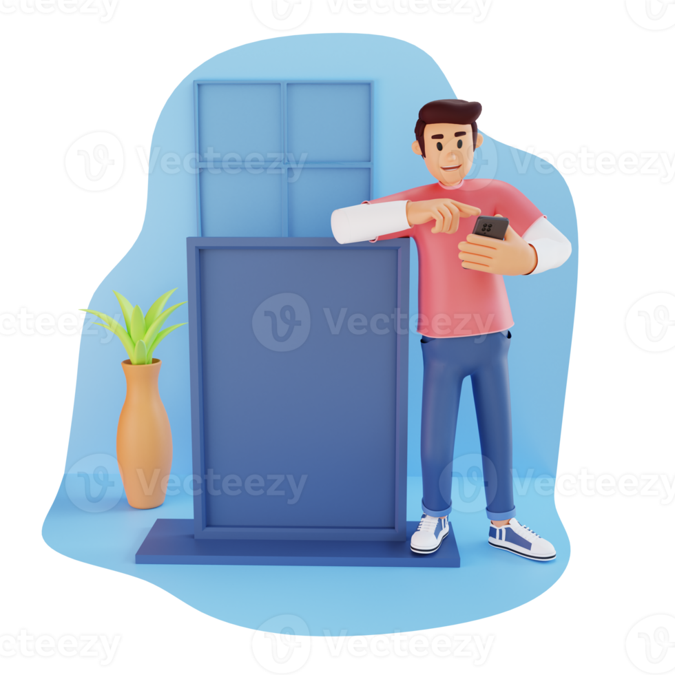 Young man using cell phone 3d character illustration png