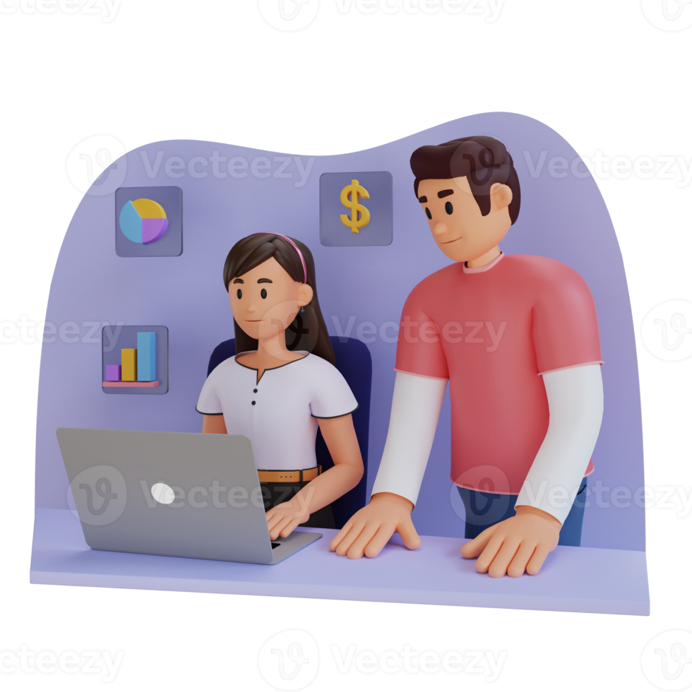 homme et femme travaillant à l'aide d'un ordinateur portable illustration de personnage 3d png