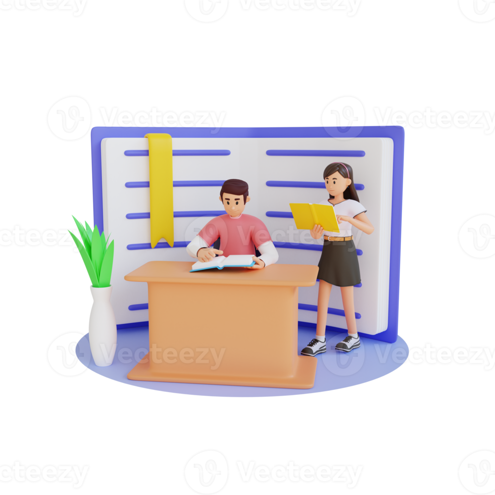 young people reading books in the library 3d character illustration png