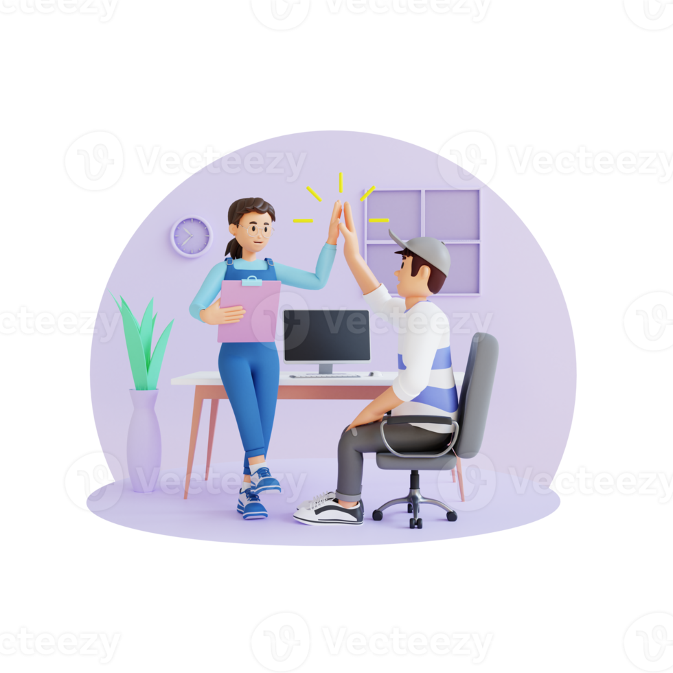 man and girl doing a high five 3d character illustration png
