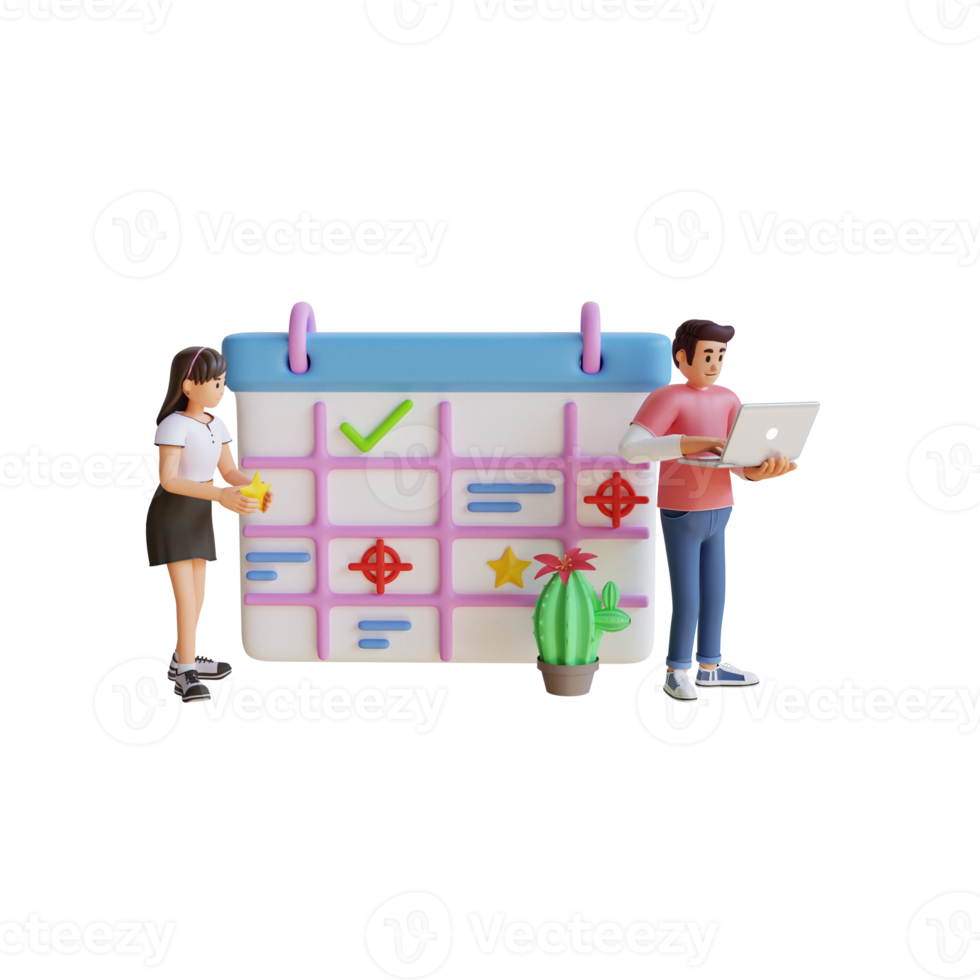 man and woman standing near board 3d character illustration png