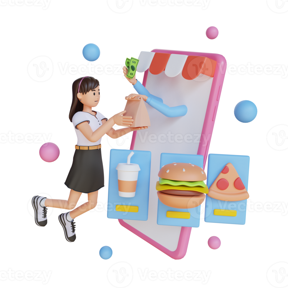 niña haciendo compras de comida en línea ilustración de personaje 3d png