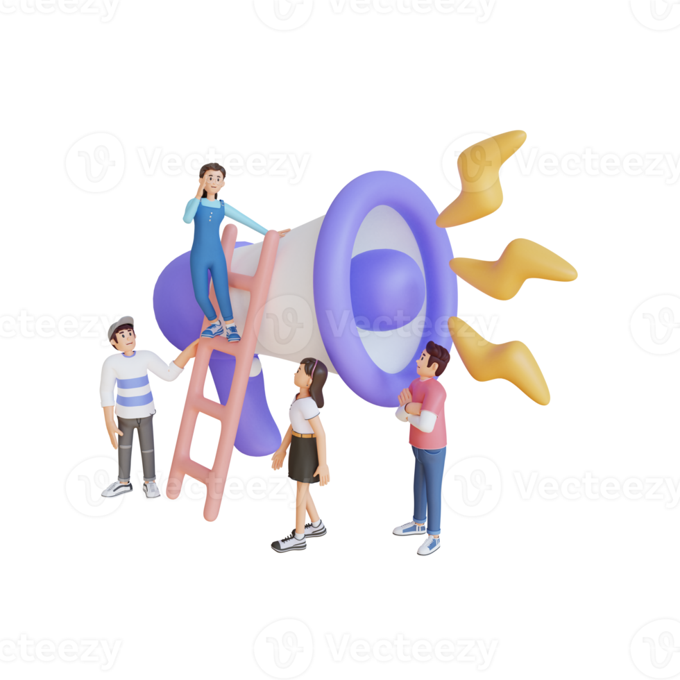 group of young people with big megaphone, 3D character illustration png