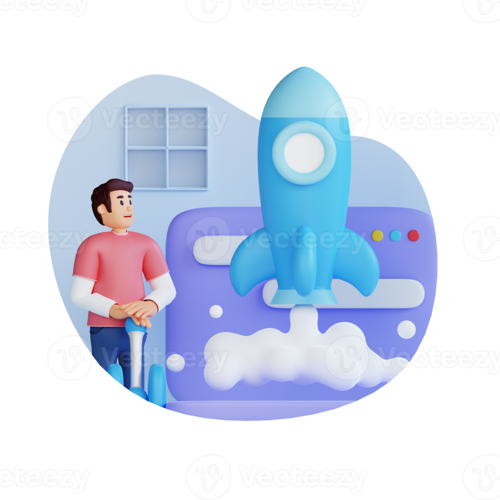 Rocket launch product release 3d character illustration png