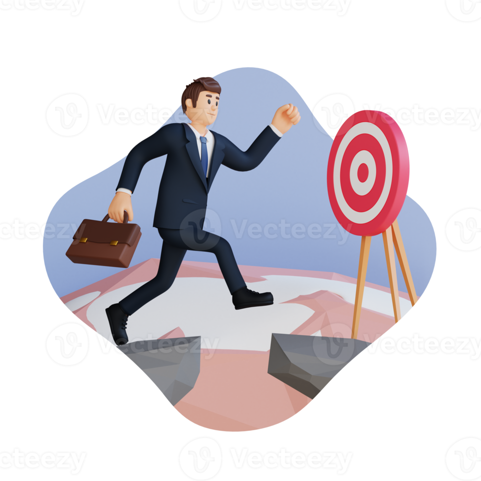 business man walking on the steep road with target board 3D character illustration png