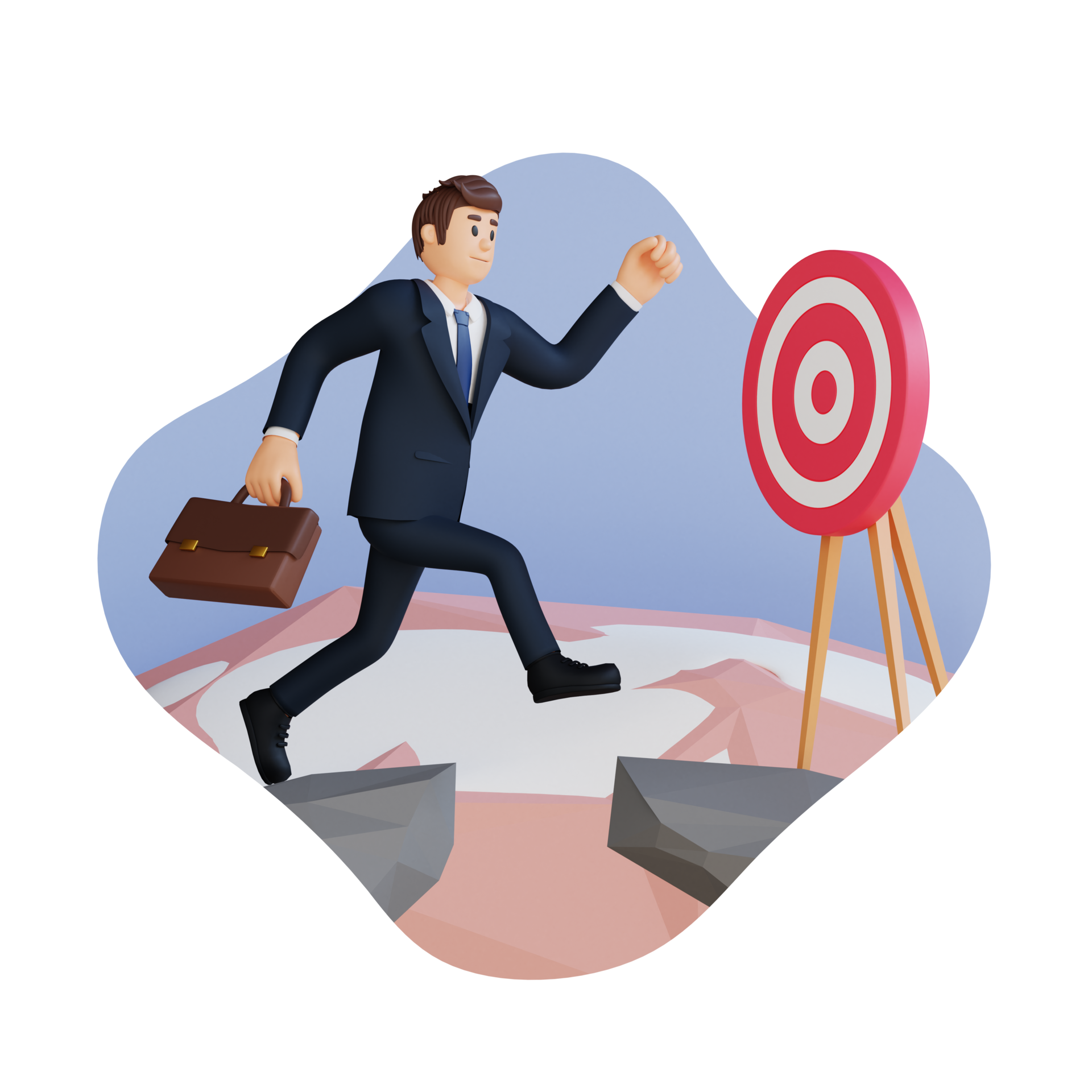 business man walking on the steep road with target board 3D character