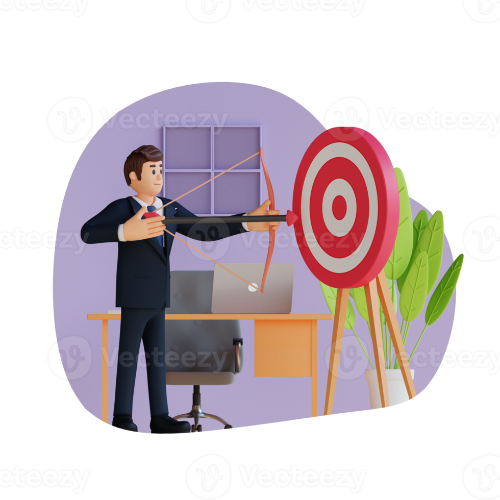 business man holding a bow and arrow aiming on the target board 3D character illustration png