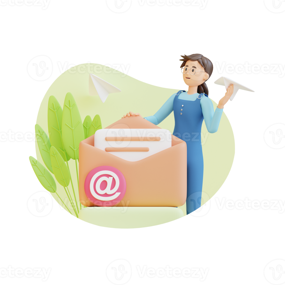 young woman holding big envelope emails 3d character illustration png