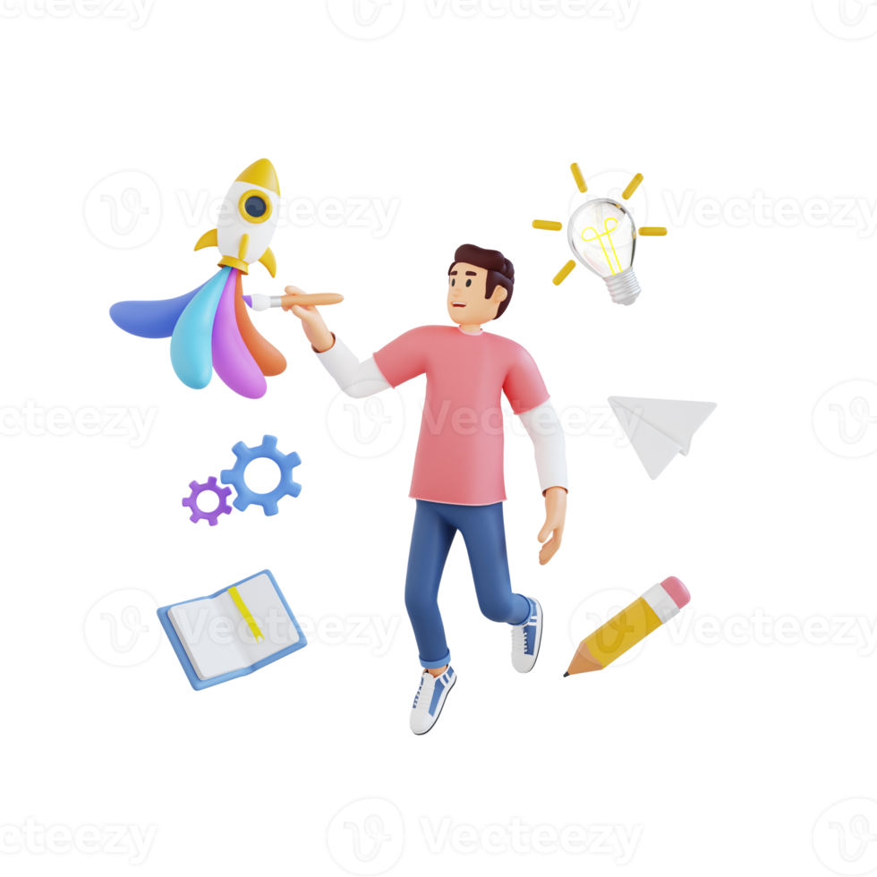young boy finding ideas when doing painting 3D character illustration png