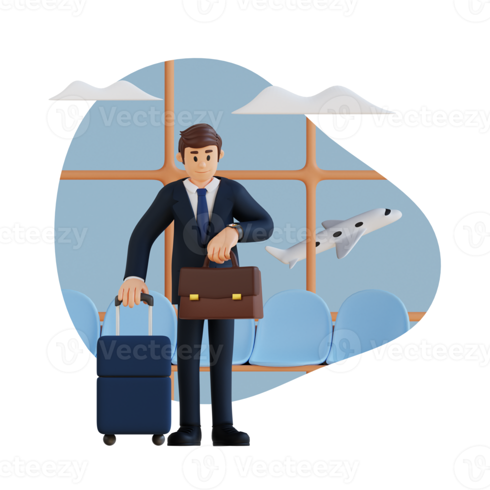 businessman standing at airport with suitcase and briefcase 3d character illustration png