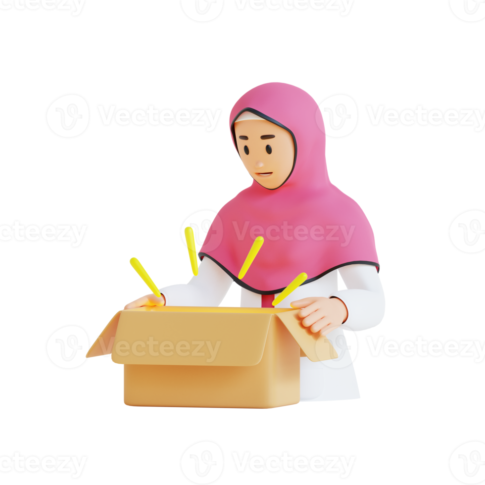 moslim vrouw opening doos 3d karakter illustratie png