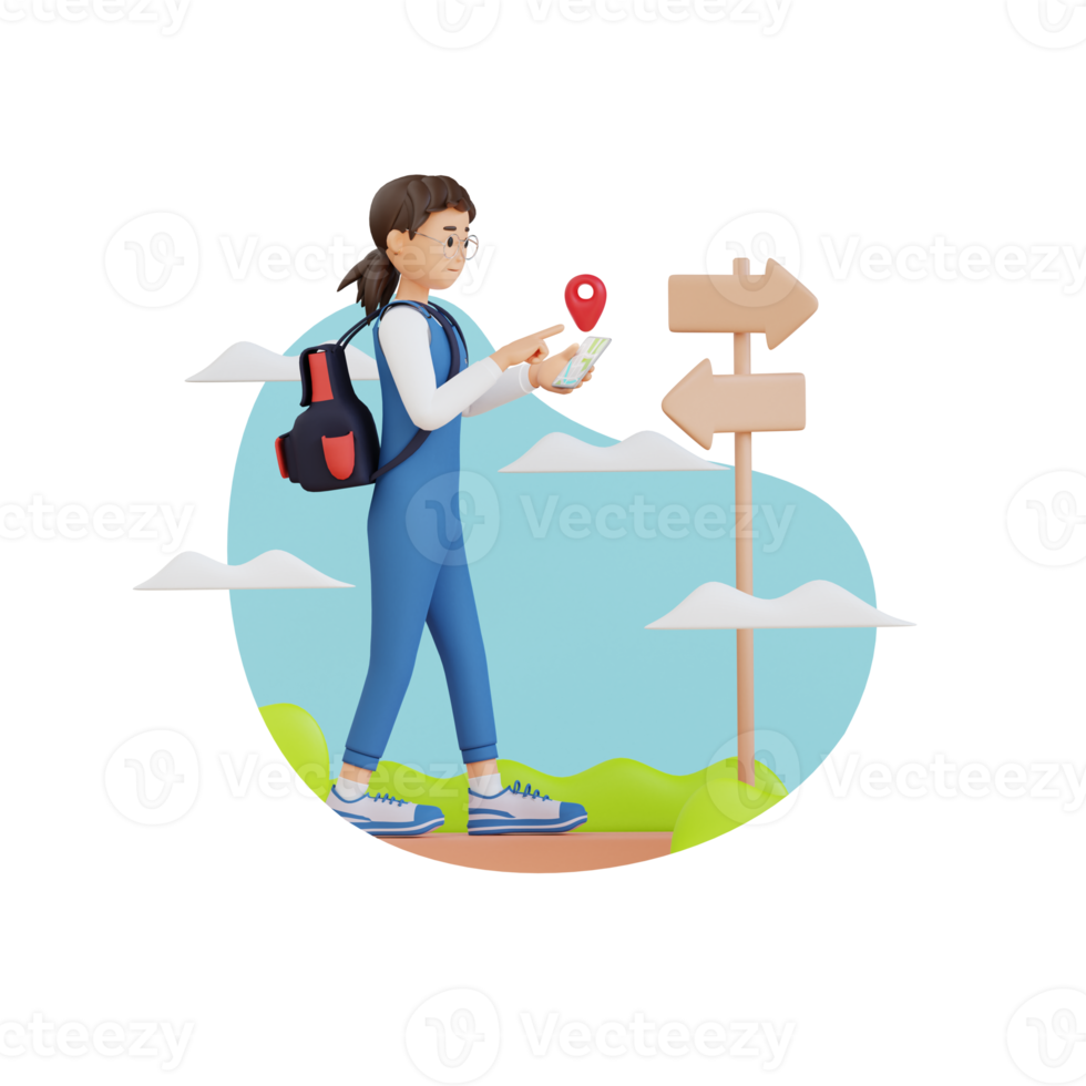 young girl looking for maps via cellphone 3d character illustration png