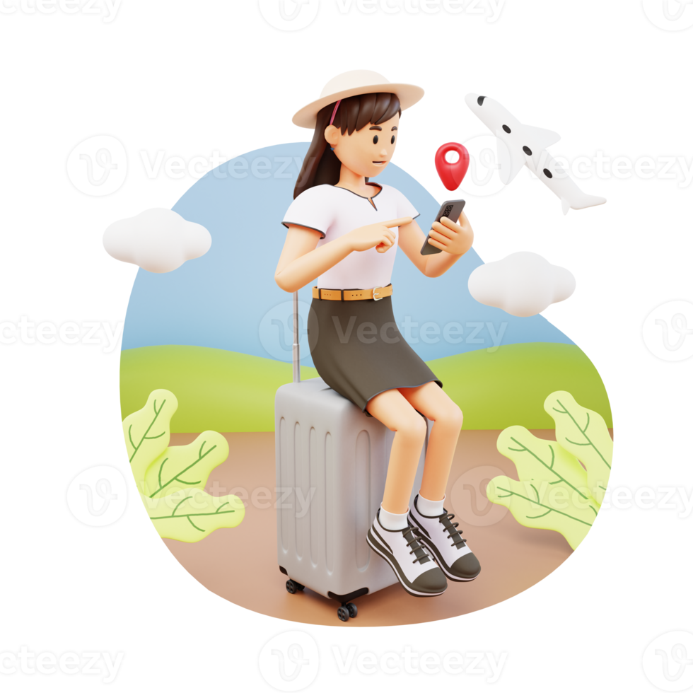 jeune fille assise sur une valise et regardant la carte à l'aide d'une illustration de personnage 3d de téléphone portable png