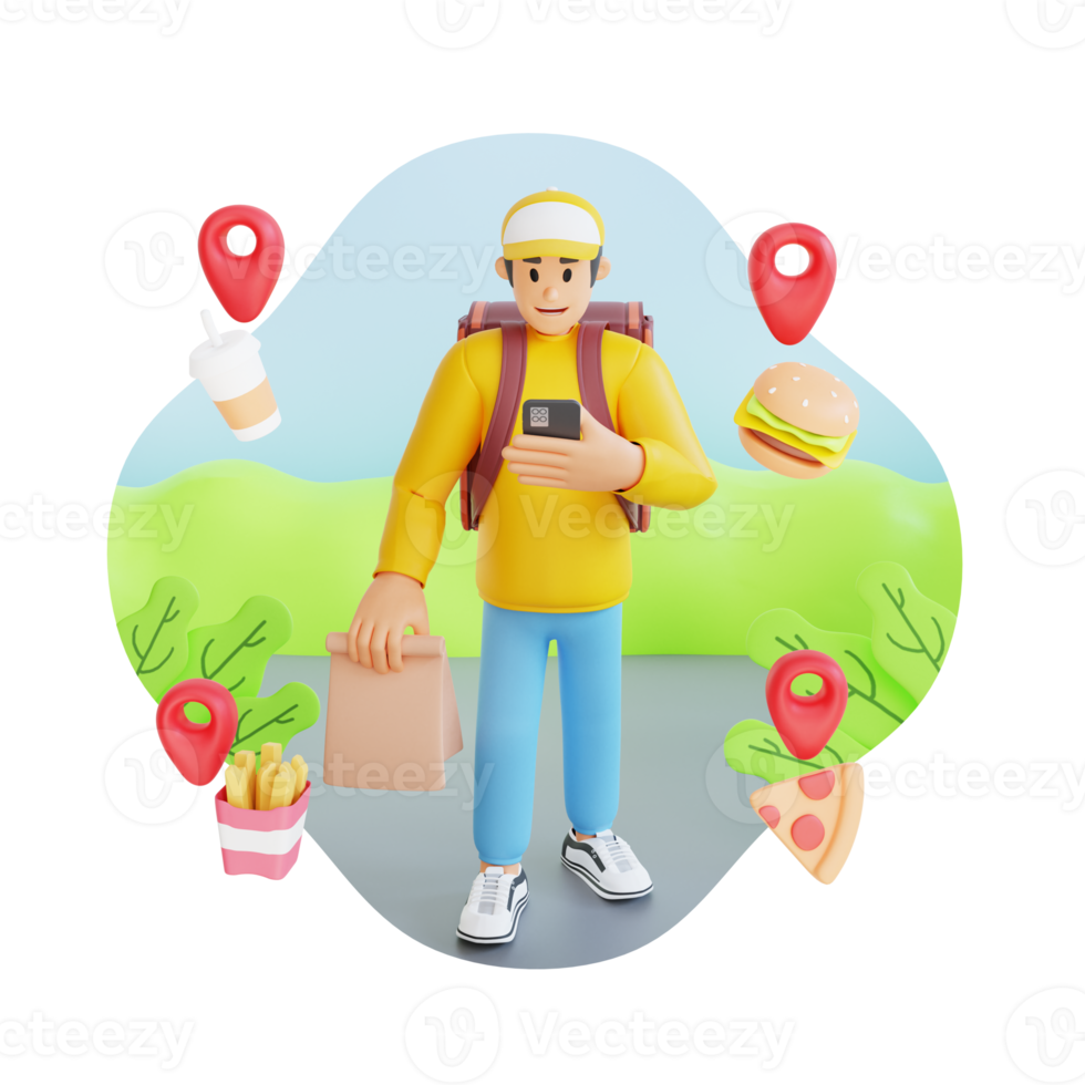 young man ordering food via smartphone apps 3d character illustration png