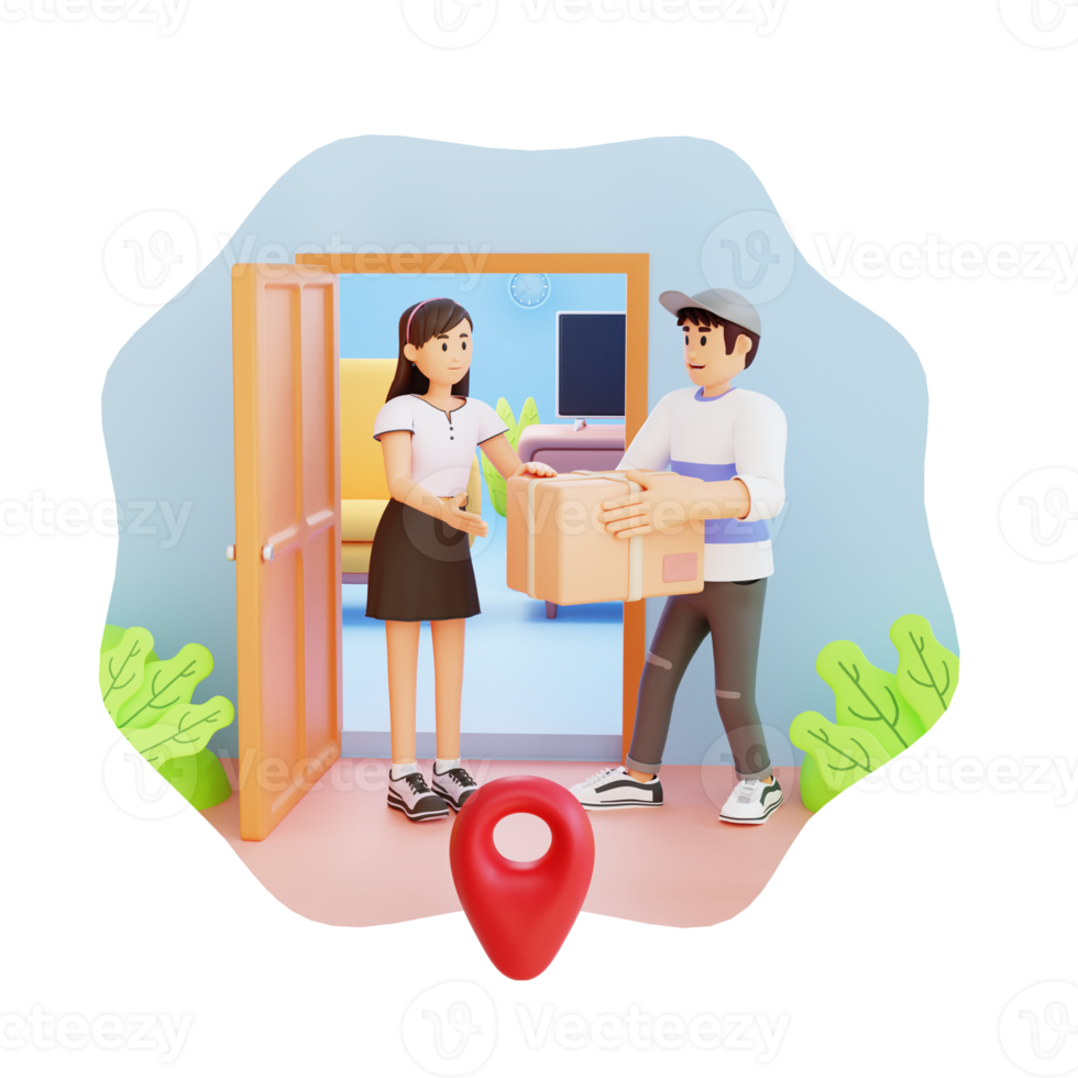 teenage boys and girls receive delivery box 3d character illustration png