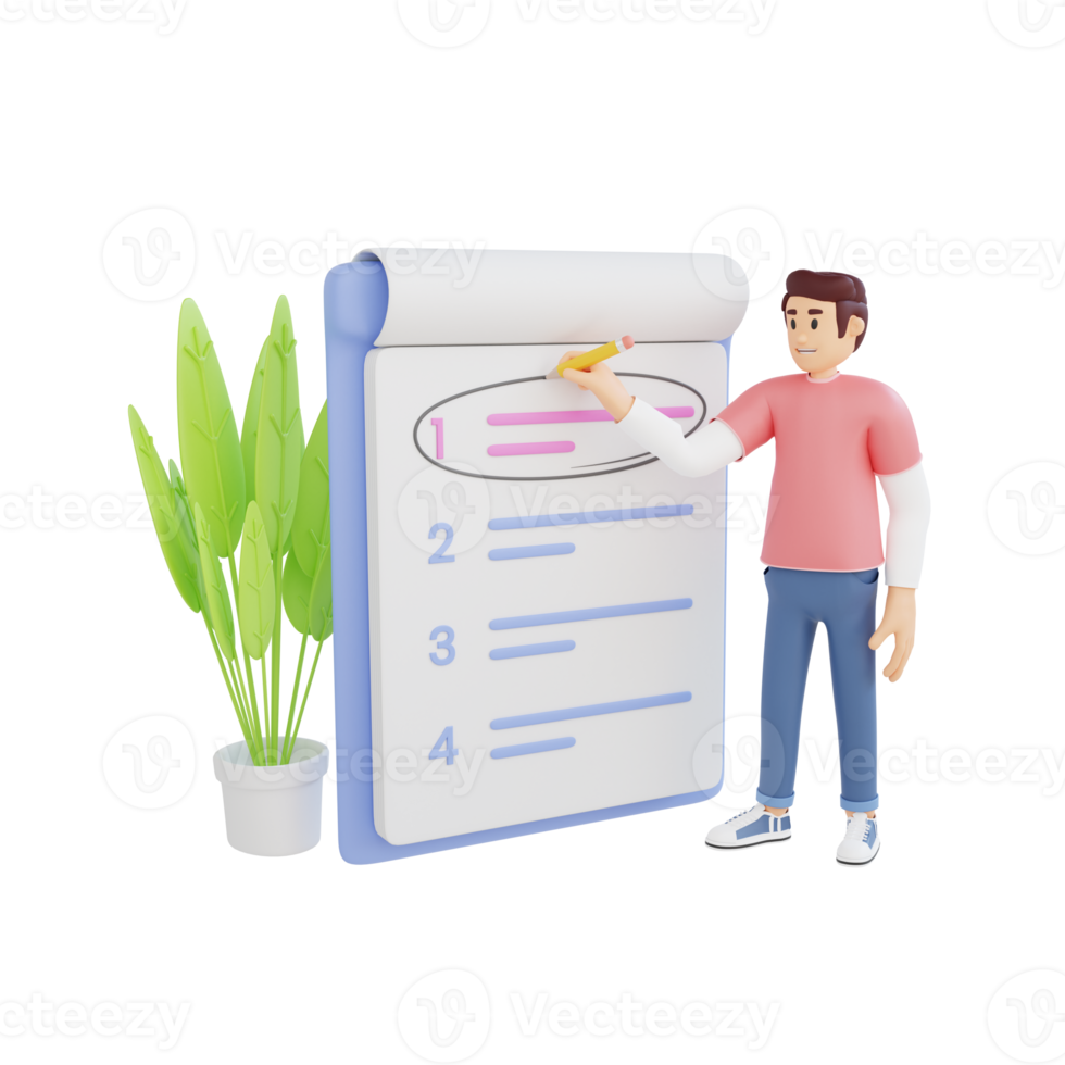 young man writing on big notebook 3d character illustration png