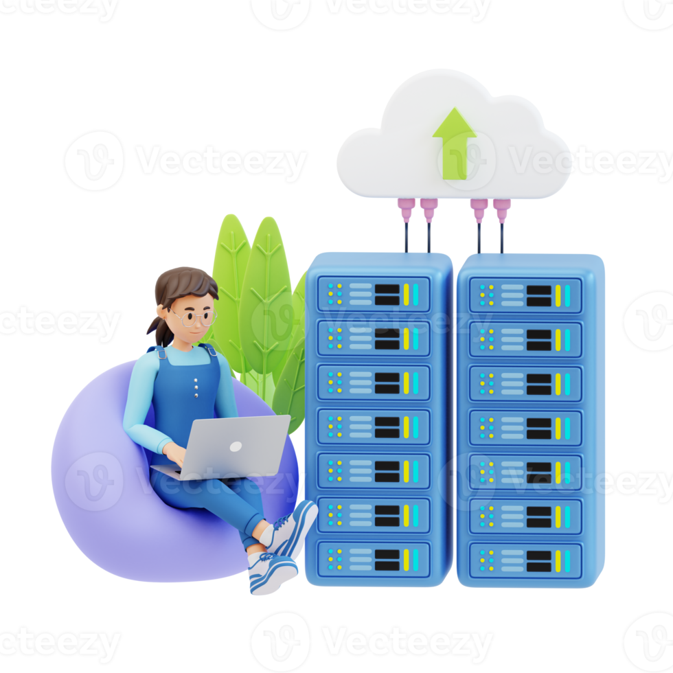 jeune femme à lunettes assise sur un canapé à l'aide d'un ordinateur portable avec un grand serveur à côté de son illustration de personnage 3d png
