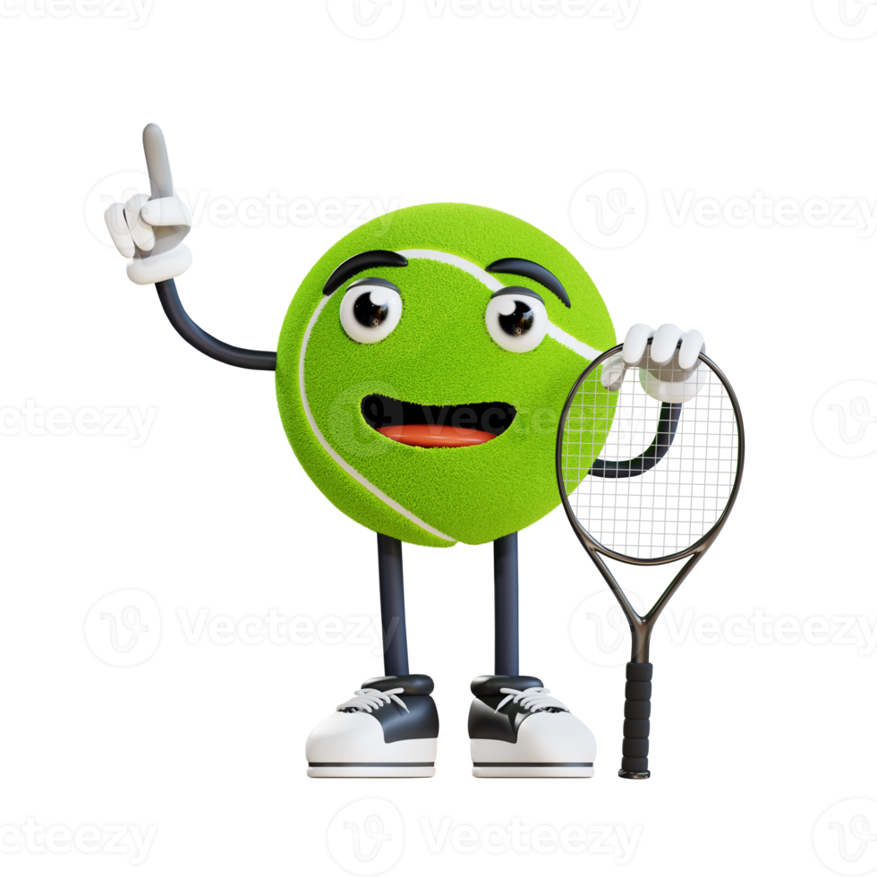 mascota de pelota de tenis apuntando hacia arriba ilustración de personaje 3d png