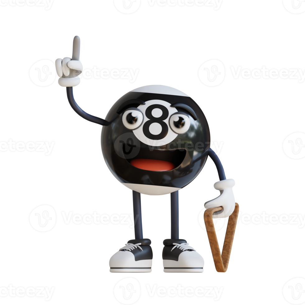 black billiard ball mascot pointing up 3d character illustration png