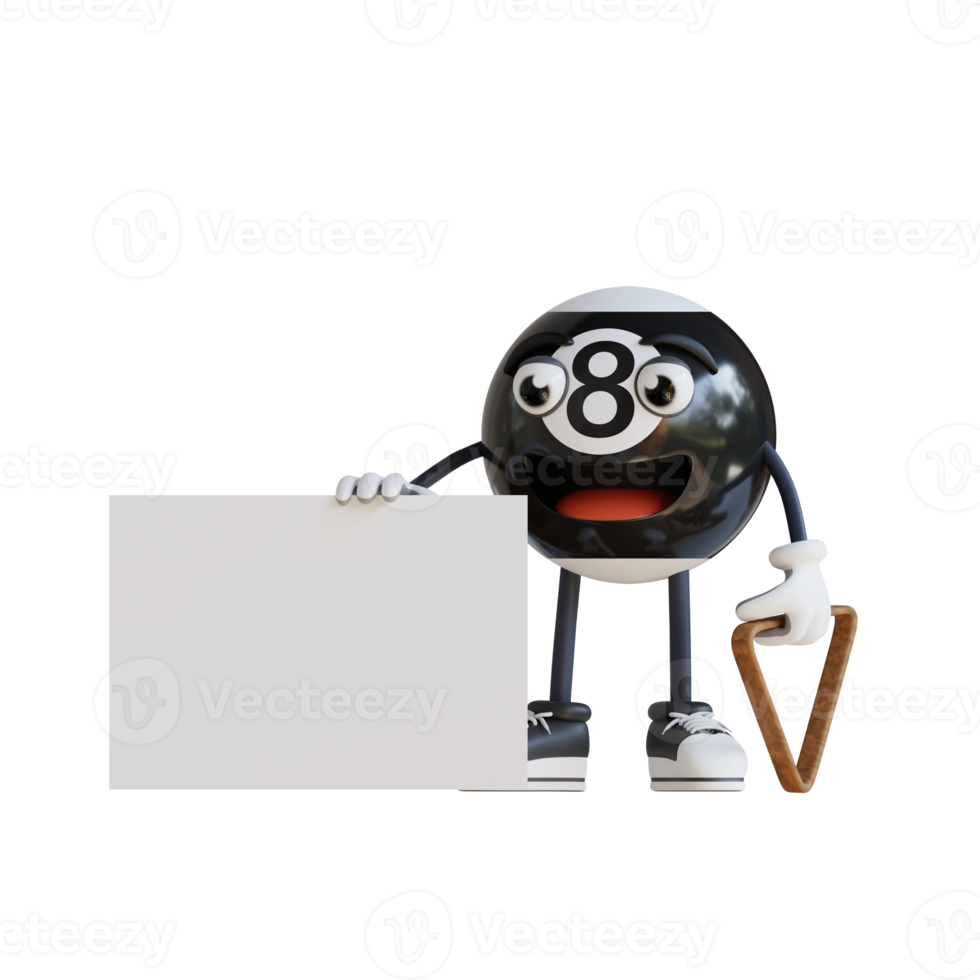 mascote de bola de bilhar preto segurando a ilustração de personagem 3d de bandeira branca em branco png