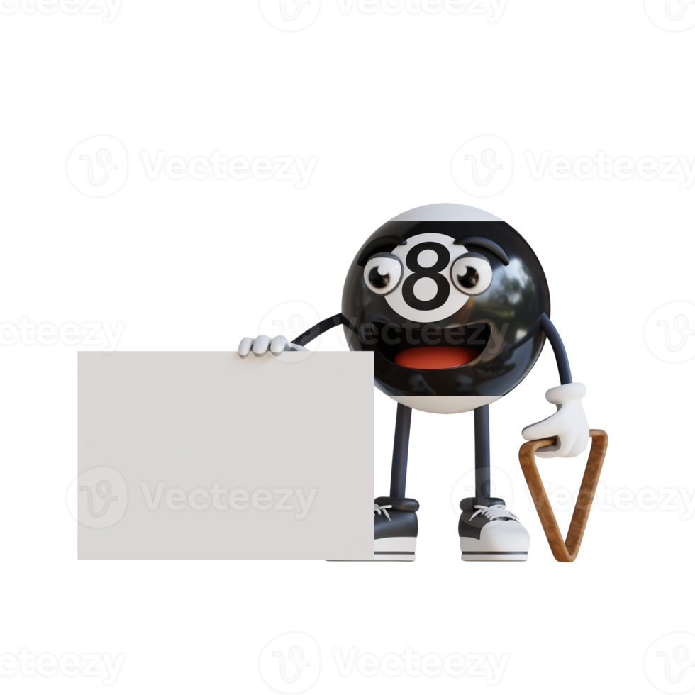 black billiard ball mascot holding blank white banner 3d character illustration png