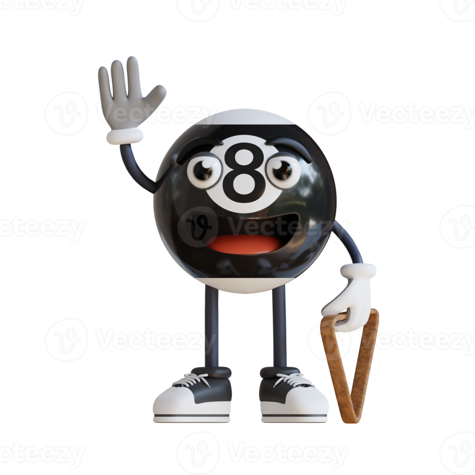 mascote de bola de bilhar preto diga olá ilustração de personagem 3d png