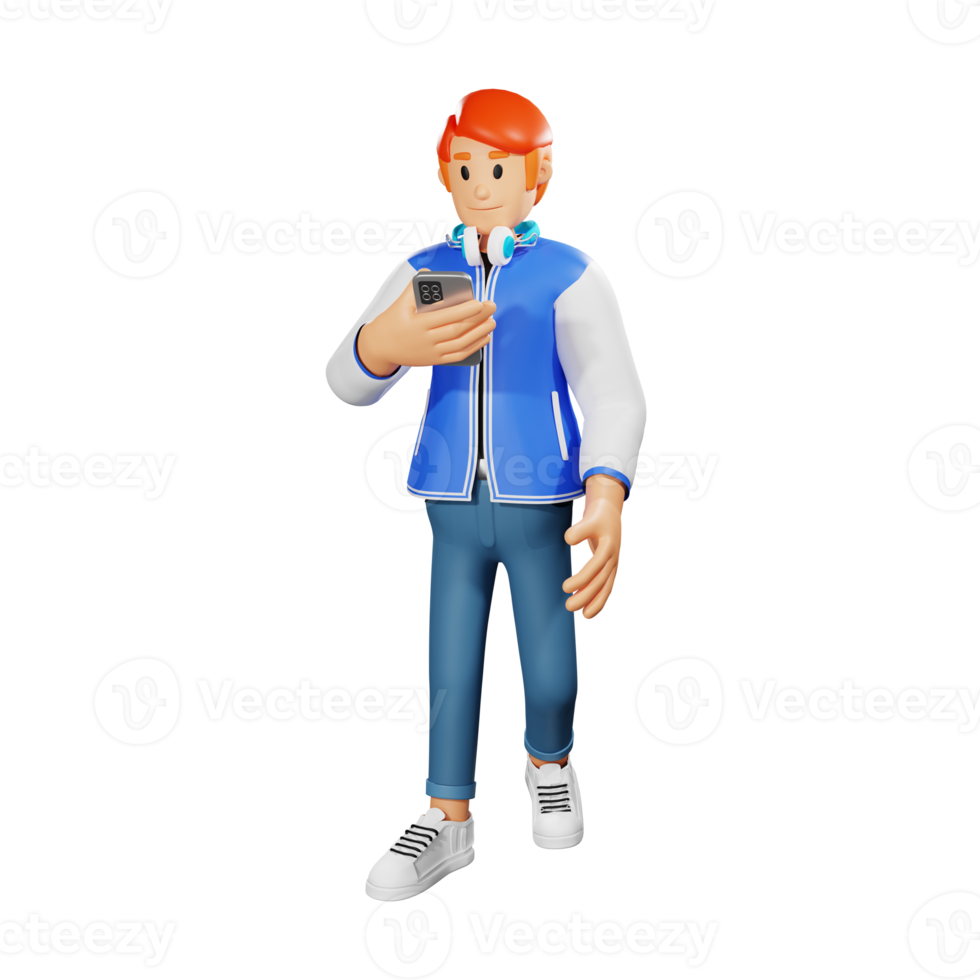 Red hair young people walking 3d character illustration with phone png