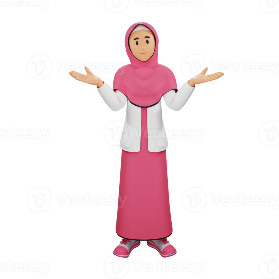 giovane musulmano ragazza fare non conoscere nulla 3d personaggio illustrazione png