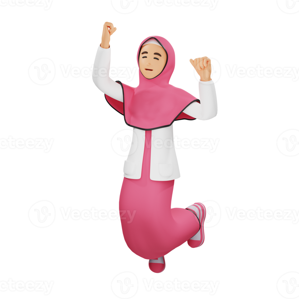 Young muslim girl happy jump 3d character illustration png