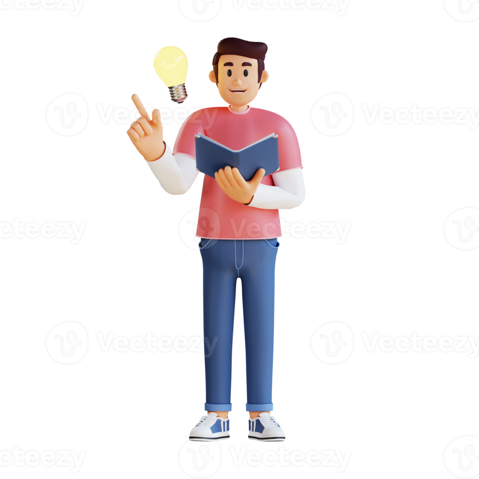 Young man carrying a book and coming up with an idea 3d character illustration png