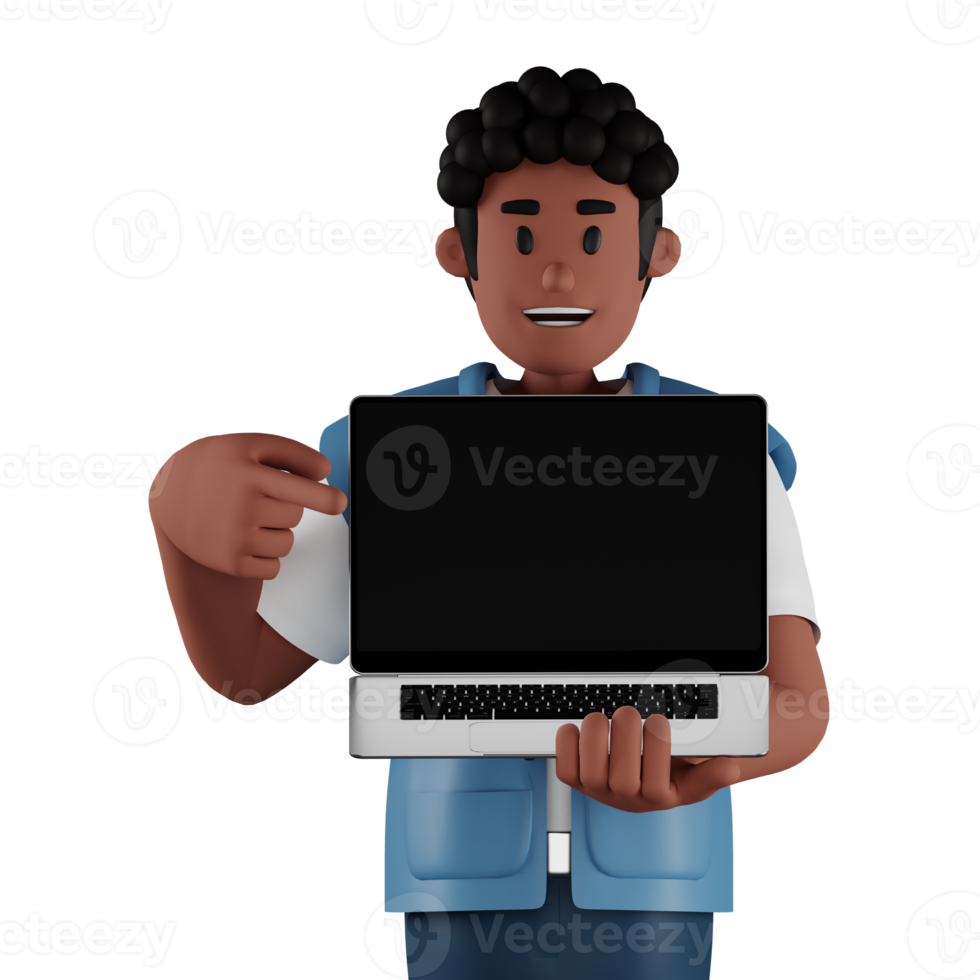 Curly haired young man holding laptop 3d character illustration png
