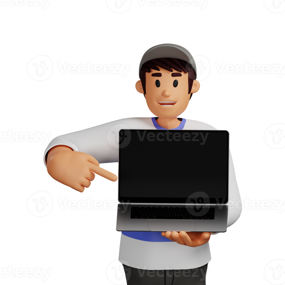 Young man in hat holding laptop 3d character illustration png