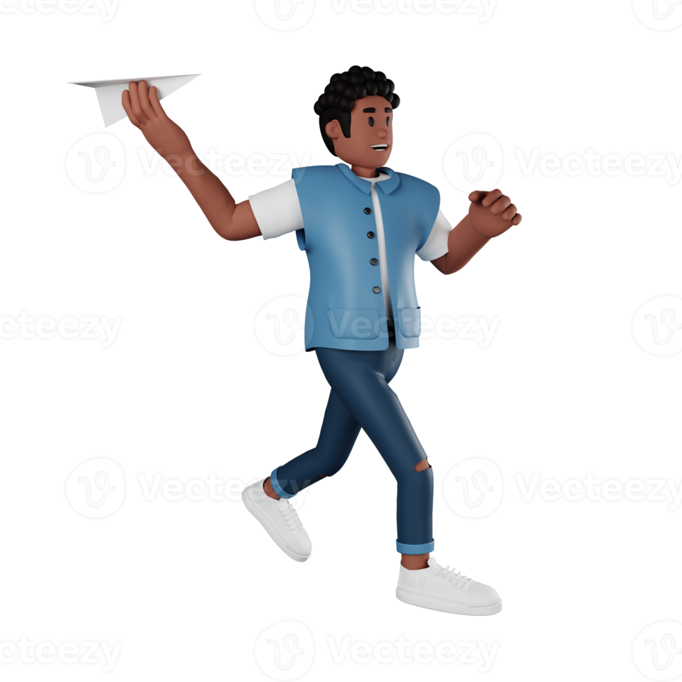 Curly haired young man playing paper airplane 3d character illustration png