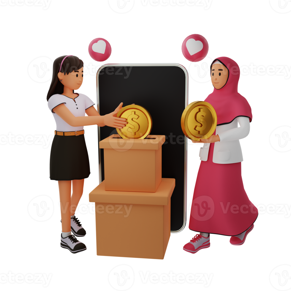 Young woman and young muslim woman saving coin 3d cartoon character illustration png