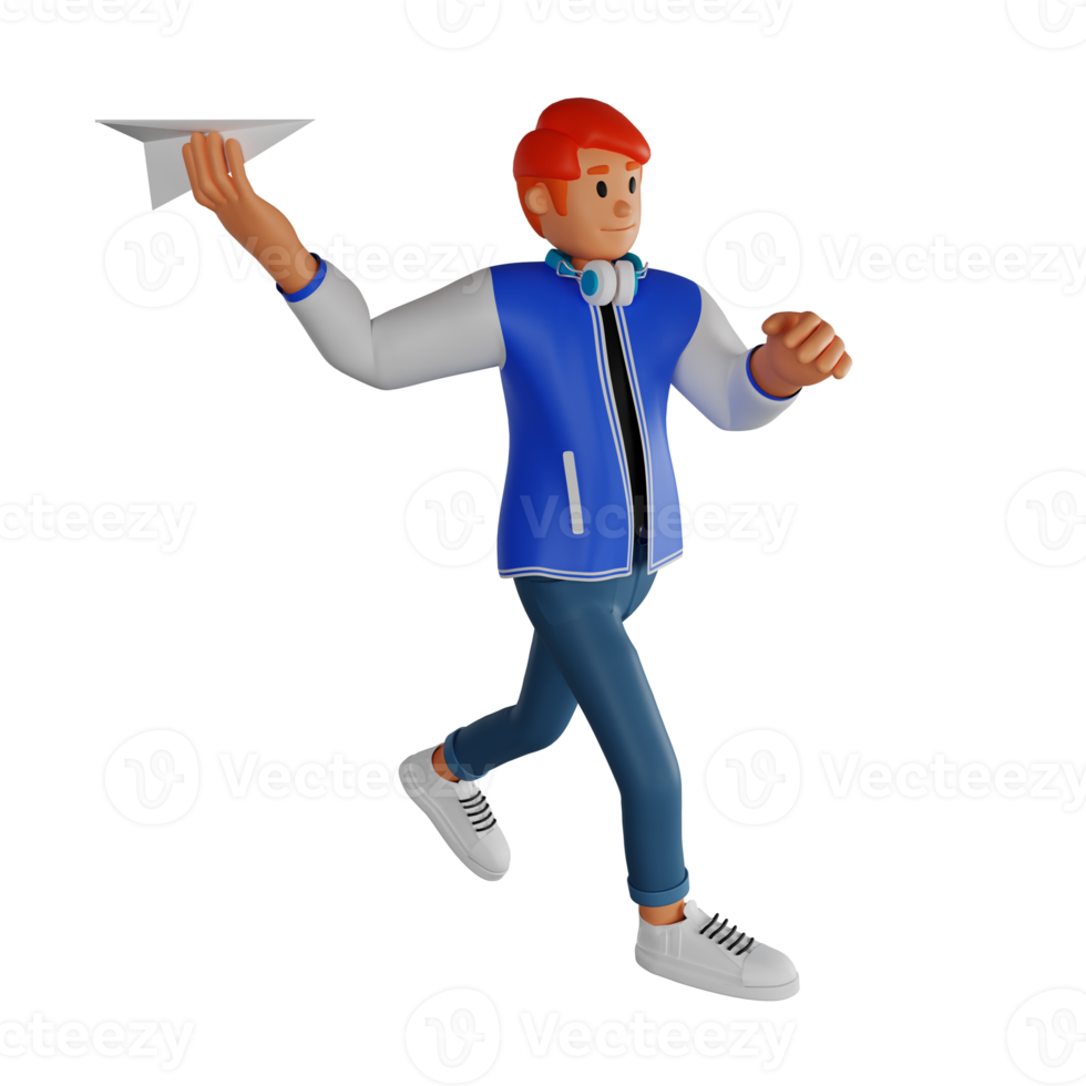 Young man red haired playing paper airplane 3d character illustration png