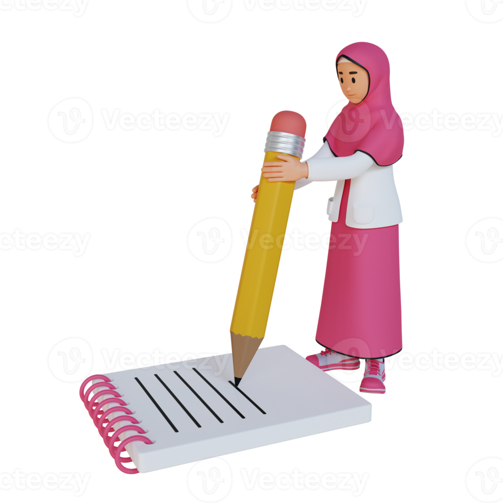 young muslim woman writing on notebook 3d character illustration png