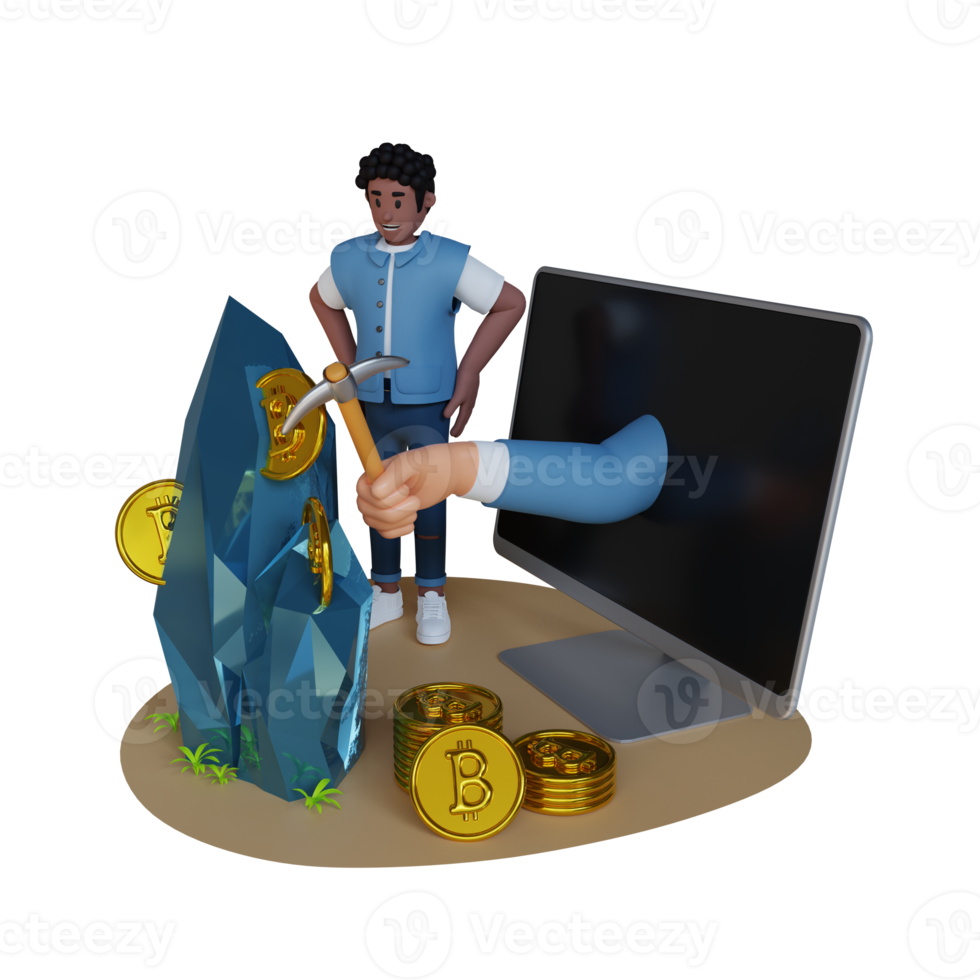 man hand digging coins from rock with pickaxeman's hand digging a coin from the rock, 3d character illustration png