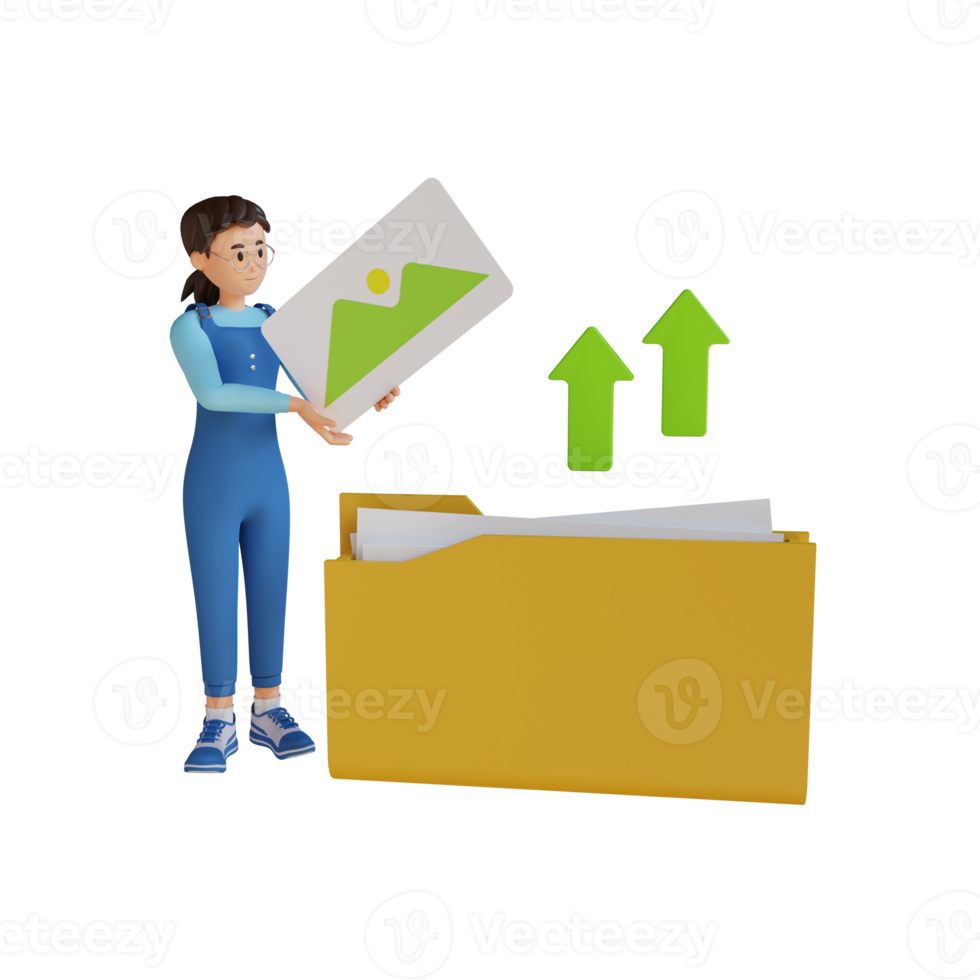 Young woman is saving files in a folder 3d character illustration png