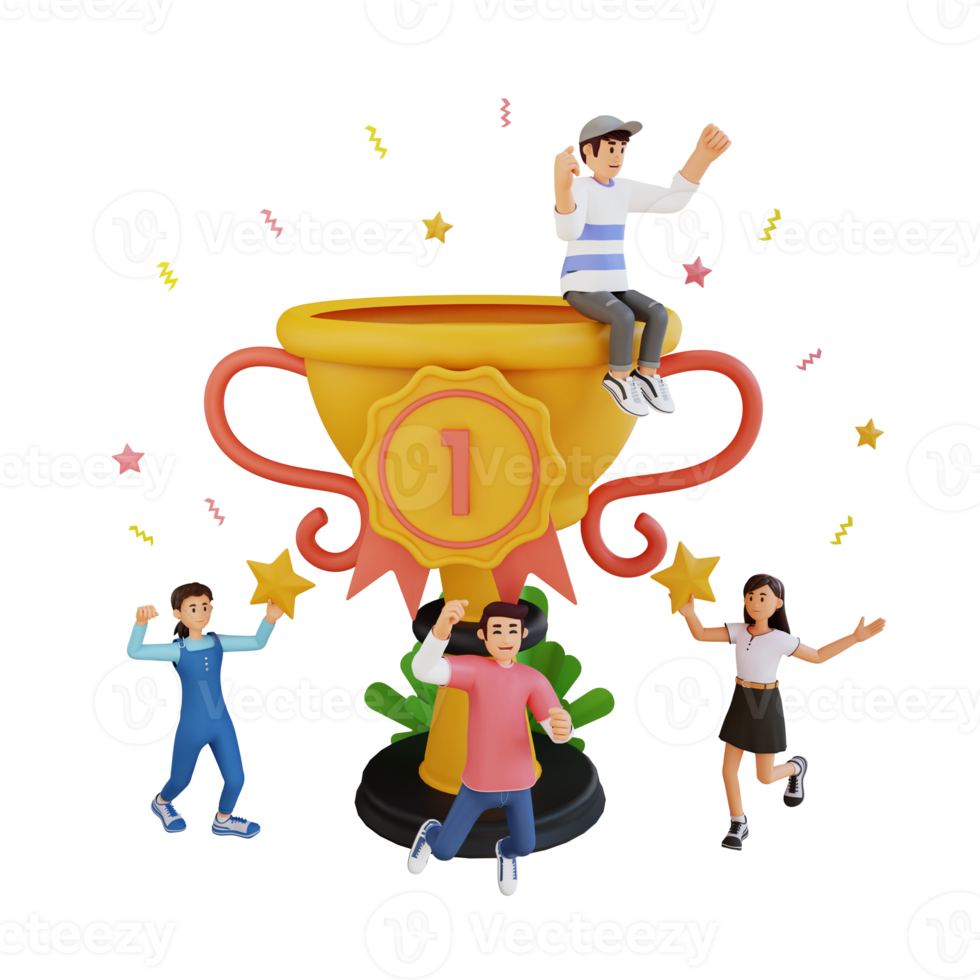 adolescentes y hombre feliz sentados en una copa de trofeo de oro, ilustración de personajes en 3d png