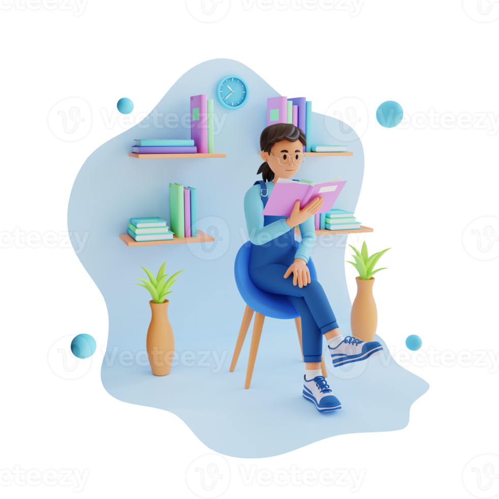 young girl reading a book while sitting on chair, 3d character illustration png